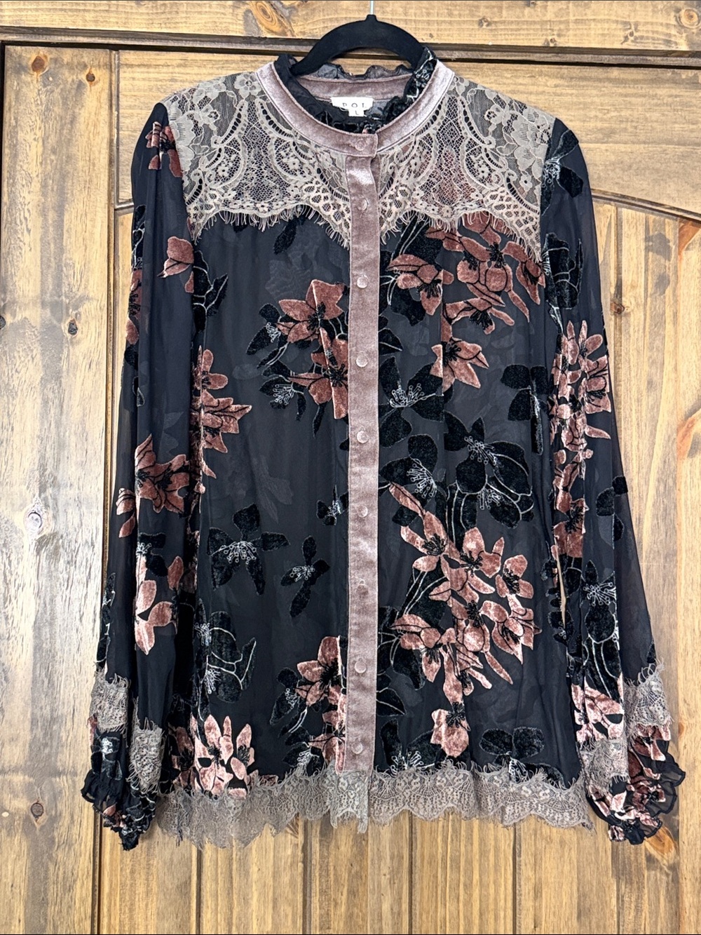 POL Black Sheer Velvet Floral Button-Up Blouse with Rose Accents
